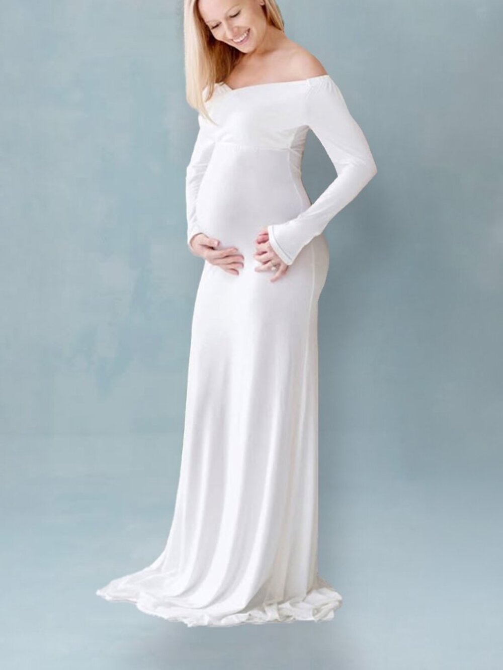 Fitted White Simple Maternity Photoshoot Baby Shower Maxi Dress